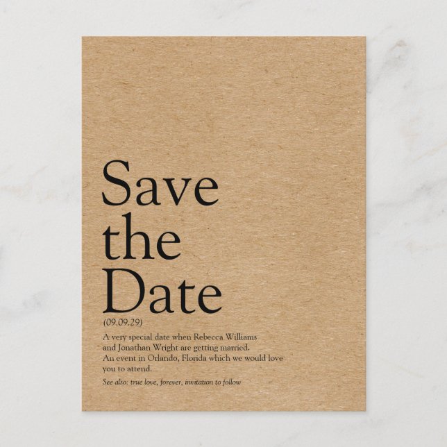 Postal Definición minimalista rústica de Save the Date (Anverso)