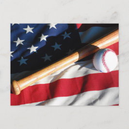 Postal del béisbol, del palo y de la bandera