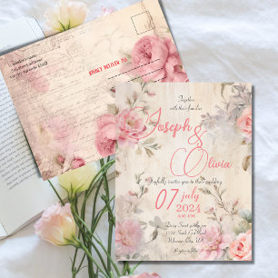 postal del boda rosa chic vintage