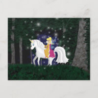 Postal del bosque del Faery y del unicornio de la