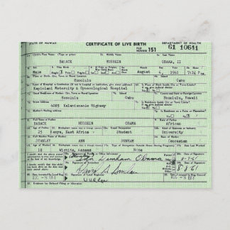 postal del certificado de nacimiento de Obama