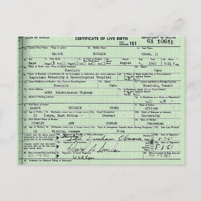 postal del certificado de nacimiento de Obama (Anverso)