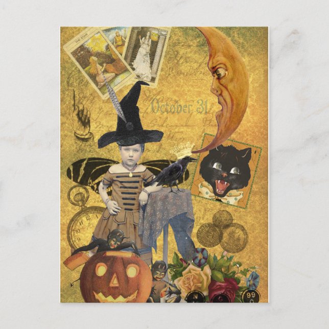 Postal del collage de Halloween del vintage (Anverso)