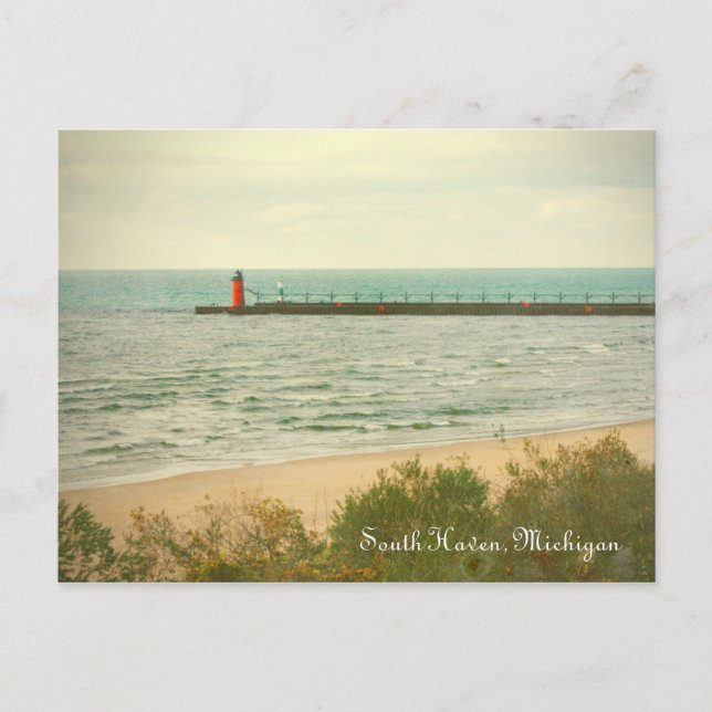 Postal del faro del South Haven en Michigan en oto (Anverso)
