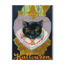 Postal del gato de luna de bruja de Halloween vint