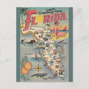 Postal del mapa de la Florida del vintage