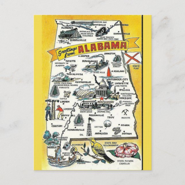 Postal del mapa del estado de Alabama (Anverso)