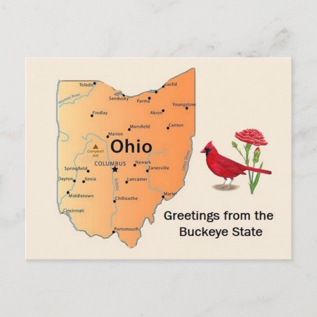Postal del mapa del estado de Ohio (Anverso)