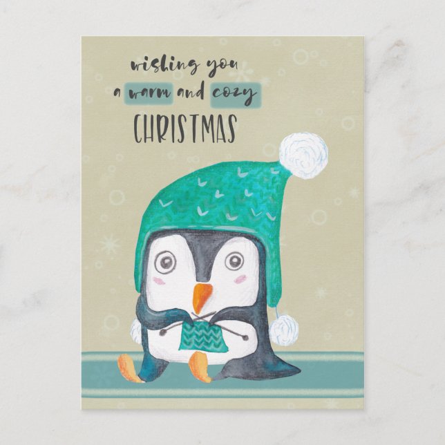 Postal del navidad del pingüino que hace punto (Anverso)