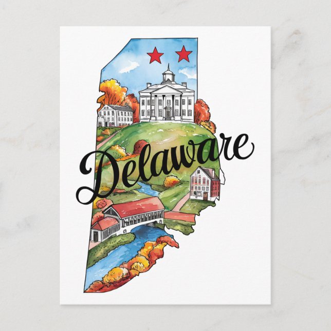 Postal Delaware EE. UU. Estado con forma de acuarela vint (Anverso)