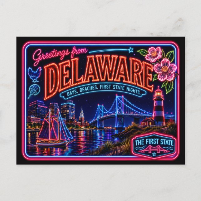 Postal Delaware Neon Estado Retro Vintage (Anverso)