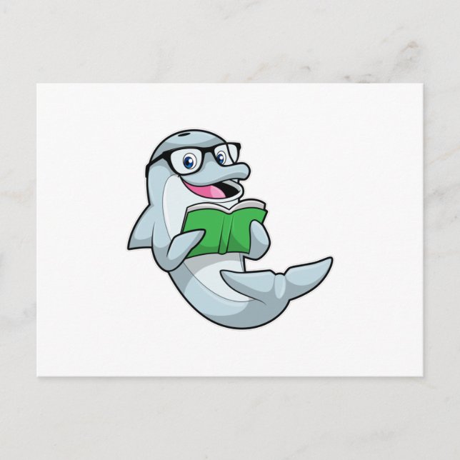 Postal Delfín como nerd con lentes y libro (Anverso)