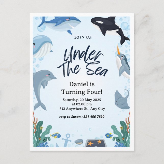 Postal Delfín submarino de océano azul náutico cumpleaños (Anverso)