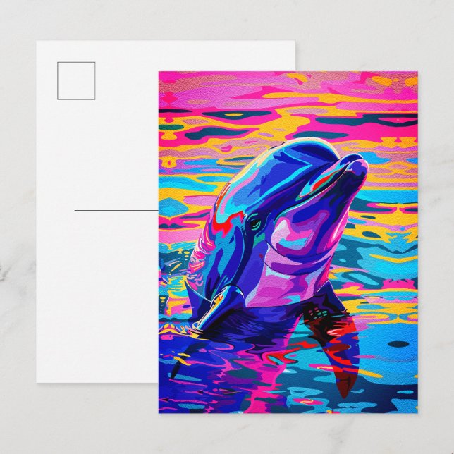 Postal Delfín vibrante - Sueño oceánico colorido (Anverso / Reverso)