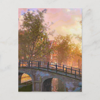 Postal Delft vintage, puente sobre un canal