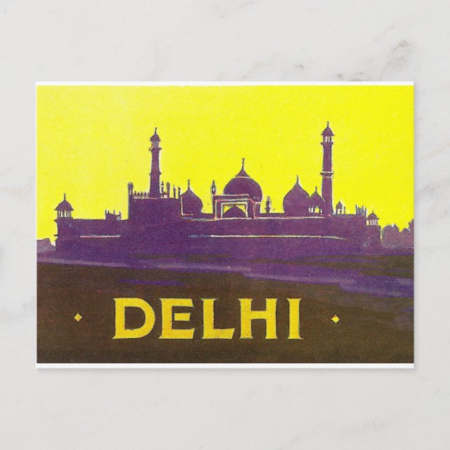 Postal Delhi, silueta de la ciudad, templo y fortaleza (Anverso)
