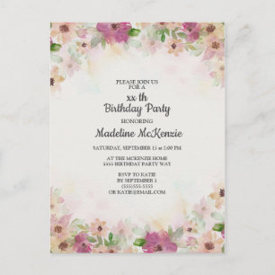Postal Delicada acuarela púrpura rosa Floral cumpleaños