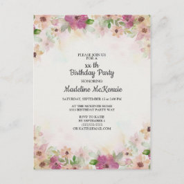 Postal Delicada acuarela púrpura rosa Floral cumpleaños