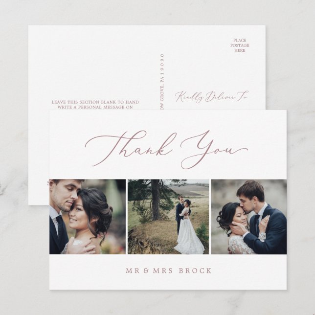 Postal Delicate Rose Gold 3 Photo Template Thank You (Anverso / Reverso)