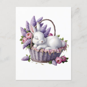 Postal Delicio de cesta de flores y conejo