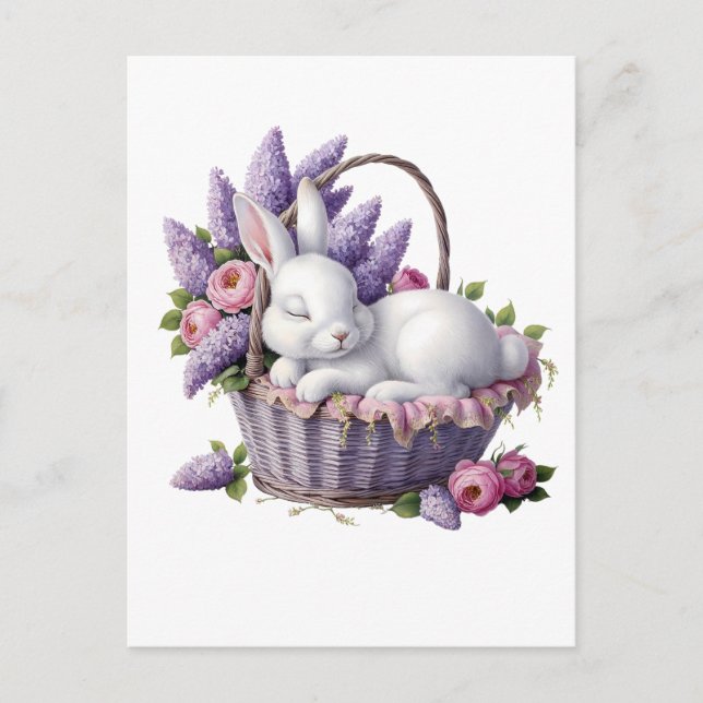 Postal Delicio de cesta de flores y conejo (Anverso)
