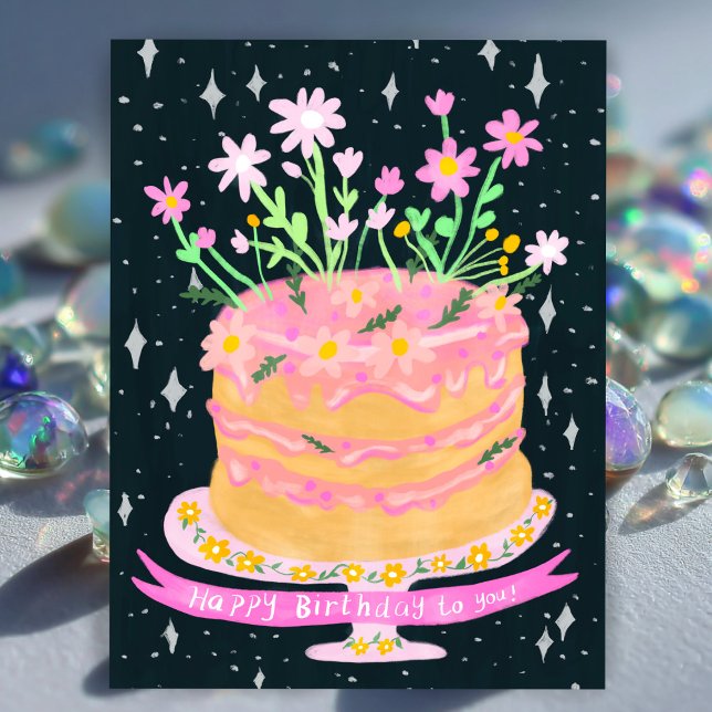 Postal Delicioso pastel de cumpleaños con flores rosadas  (Happy Birthday Fun Cake with Pink Flowers Gouache Postcard
)