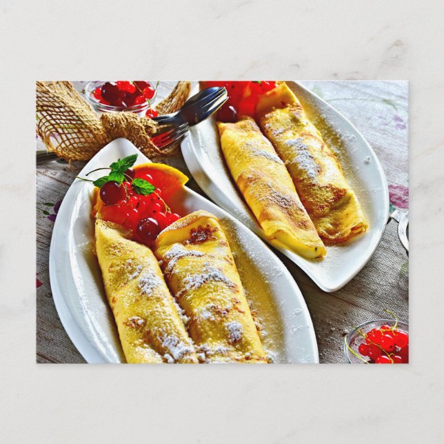 Postal Delicioso postre de panqueque de crepe rojo Berrie (Anverso)