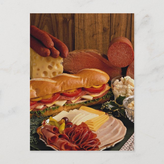 Postal Delicioso sándwich de submarino con carne y queso (Anverso)