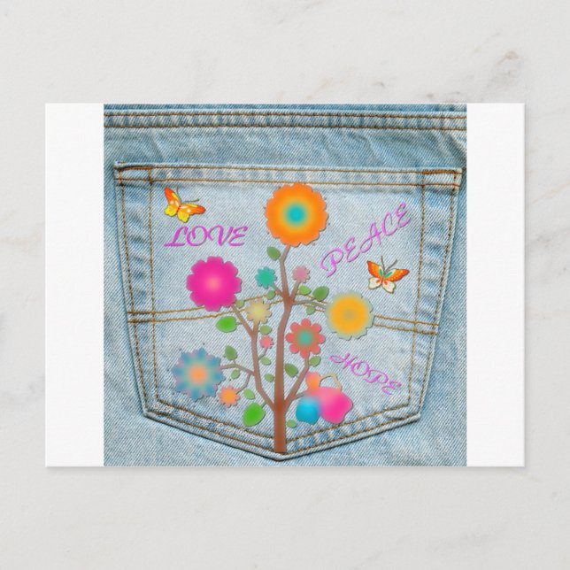 Postal Denim Back Pocket Flowers Peace Love Hope (Anverso)