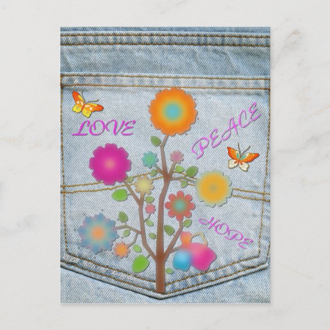 Postal Denim Back Pocket Flowers Peace Love Hope (Anverso)