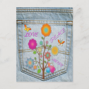 Postal Denim Back Pocs Flower Peace Hope Post Card