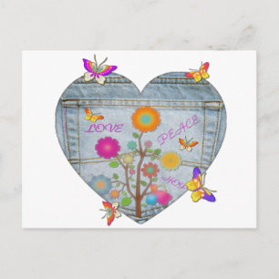 Postal Denim Pocket Heart Flowers Butterflies