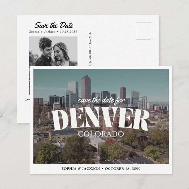 Postal Denver Wedding Save the Date Retro Destination (Anverso / Reverso)