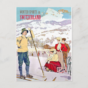 Postal Deportes de invierno en Suiza, viaje vintage