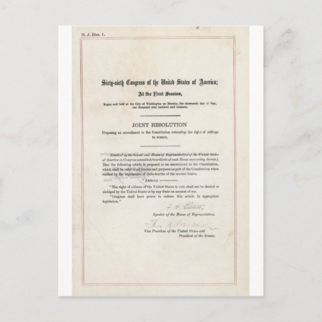 Postal Derecho de la mujer al voto - 19ª enmienda (Anverso)