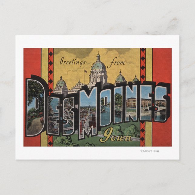 Postal Des Moines, Iowa - Escenas de letras grandes (Anverso)