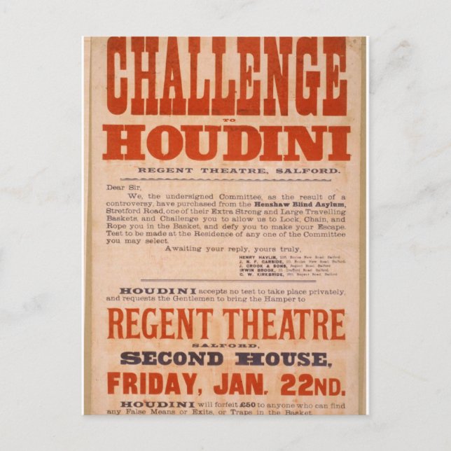 Postal Desafío al Teatro Vintage de Houdini (Anverso)