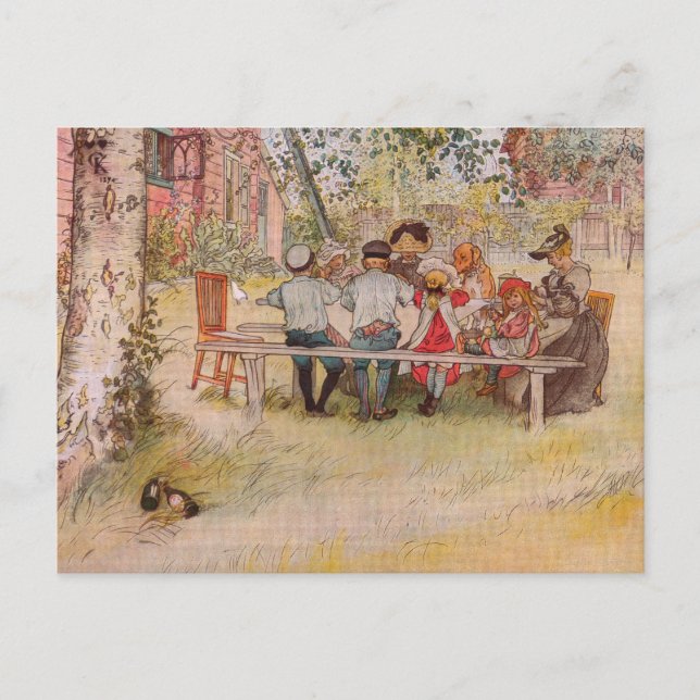 Postal Desayuno bajo el gran birch de Carl Larsson (Anverso)