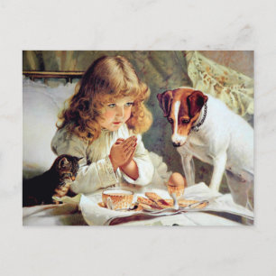 Postal Desayuno en cama: Chica, aterrador y gato gatito