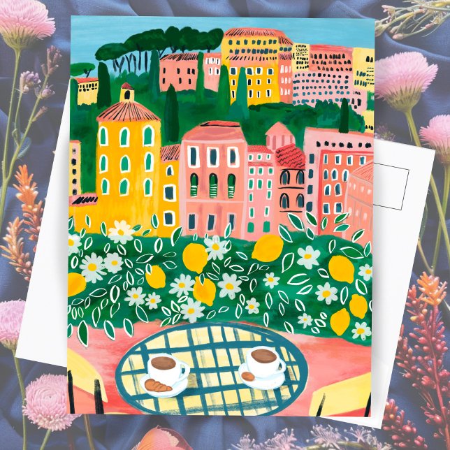 Postal Desayuno en la terraza Whimsical City Painting (Breakfast on the Terrace Whimsical Colorful Paris City Painting Postcard
)