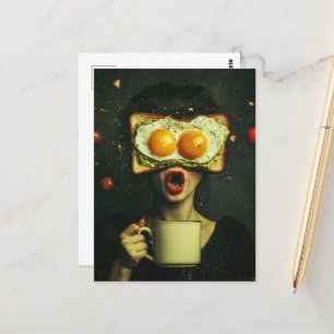 Postal Desayuno surrealista de mujer con tomates voladore