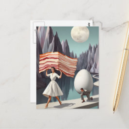 Postal Desayuno Surrealista Gente Huevo gigante y Baco