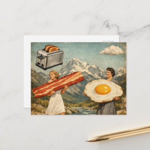 Postal Desayuno Surrealista Único Mujer Tocino y Huevos