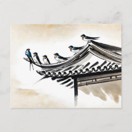 Postal Descanso de golondrinas en el techo de un templo c