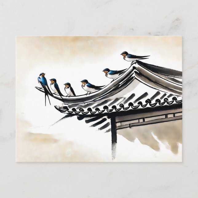 Postal Descanso de golondrinas en el techo de un templo c (Anverso)