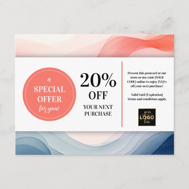 Postal Descuento del cupón de la acuarela azul de la mari (Anverso)