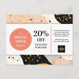 Postal Descuento del cupón de Peach Gold Black Terrazzo