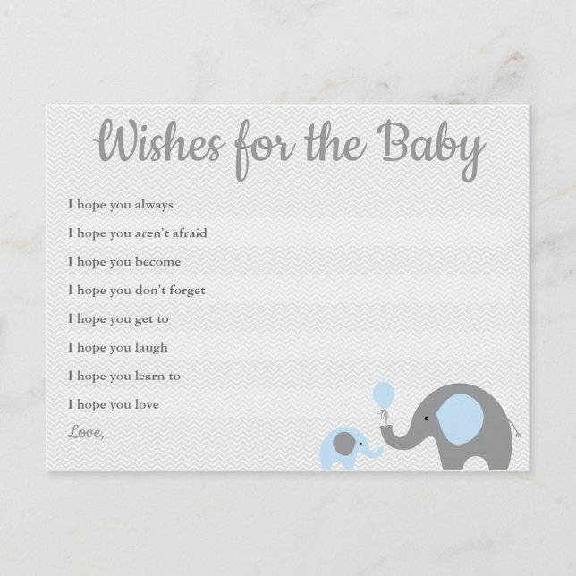 Postal Deseos azules de Baby Shower del elefante para las (Anverso)
