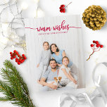 Postal Deseos Cálidos Navidades de fotos únicos con guion<br><div class="desc">Una simple tarjeta de Navidades caligráficos de moda,  fácil de personalizar con tu foto,  la caligrafía de texto rojo es perfecta para la foto horizontal blanca.</div>