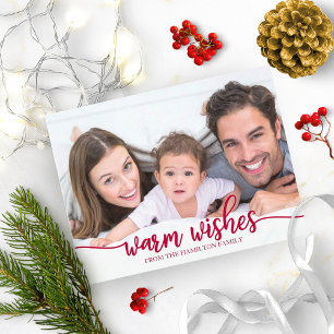 Postal Deseos Cálidos Rojo Caligrafía Foto Navidad